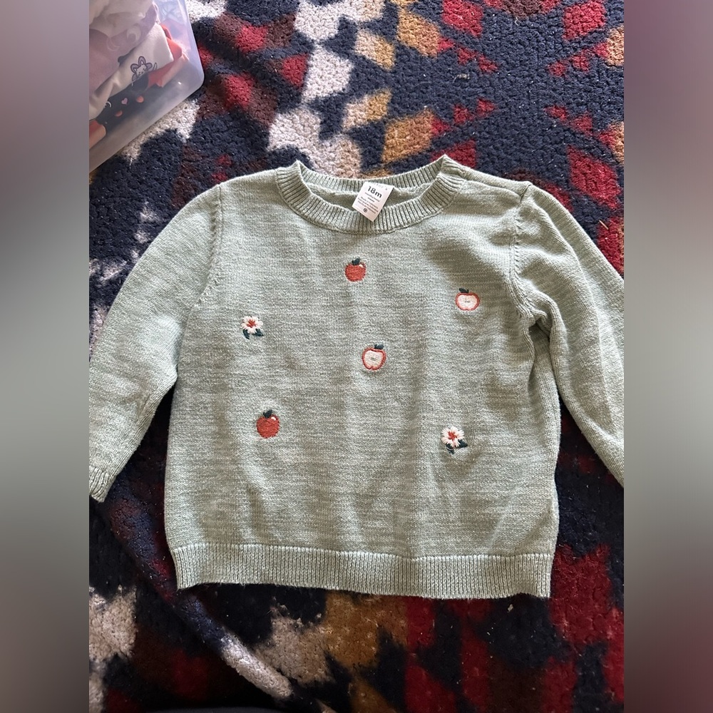 Green Sweater with Apple Embroidery